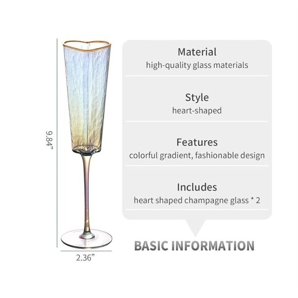 Heart Shape Gold Rimmed Iridescent Champagne Flute‎ Glass Drinkware 5oz Set Of 2 - Picture 9 of 16